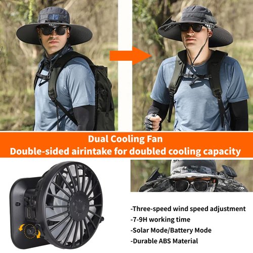 Wide Brim Solar Fan Hat for Men Women- UPF 50+ Sun Bucket Hat with 2 Built-in Solar Powered Fans for Fishing, Hiking & Beach (US, Alpha, One Size, Petite Plus Size, Khaki)