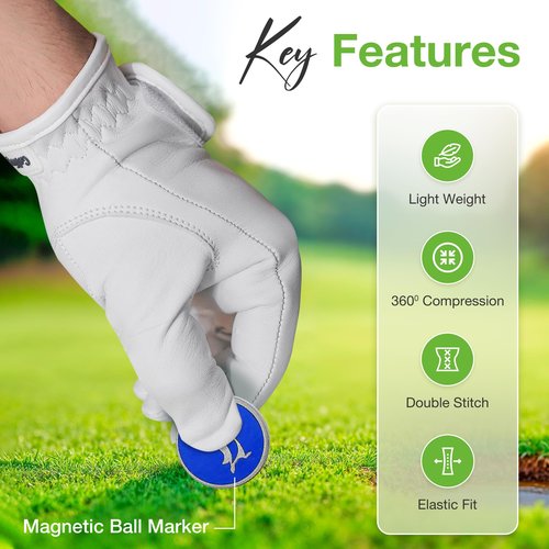 Golfing Penguin Golf Glove - Made with AAA Cabretta Leather with Removable Metal Ball Marker - All Weather, Breathable, Compatible with Touch Screen (Large)