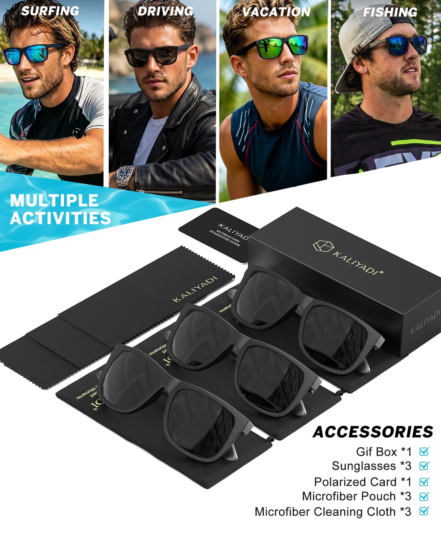 KALIYADI Sunglasses Men Polarized Sun glasses for Mens Womens Classic Matte Black Frame UV Protection 3pack(Grey/Ice Blue/Green)