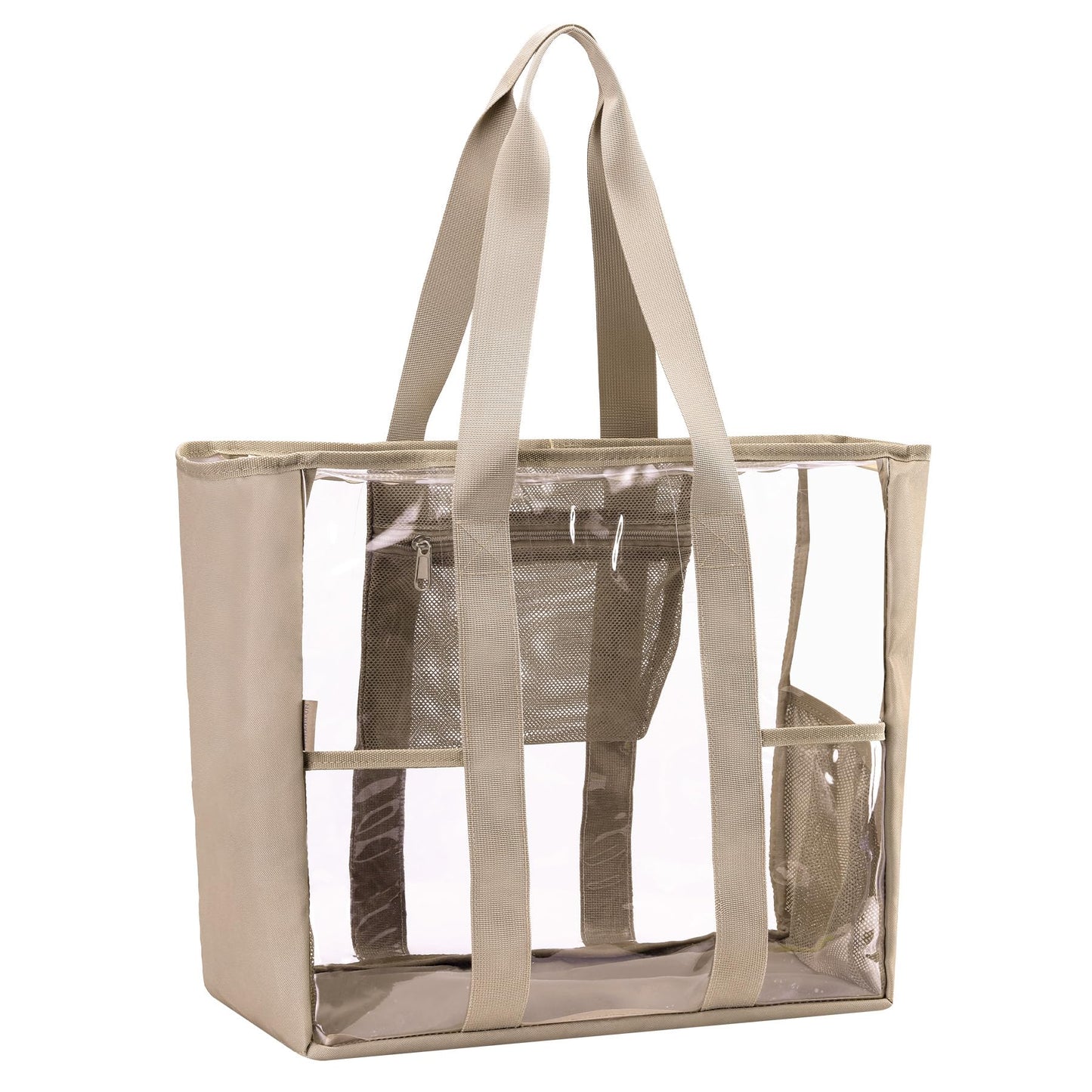 BORMELUN Women's Clear Bag Tote for Work Stadium Events Travel, Heavy Duty Purse Transparent Plastic see through Handbag with XL Capacity,Khaki