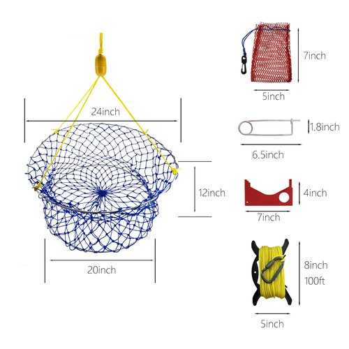Crab Ring Trap – Collapsible Crab Net with 100ft Rope, Bait Bag, Clip & Ruler – 6 Pieces Portable Crab Trap for Easy Storage – Durable Grid Design for Dock & Pier Crabbing