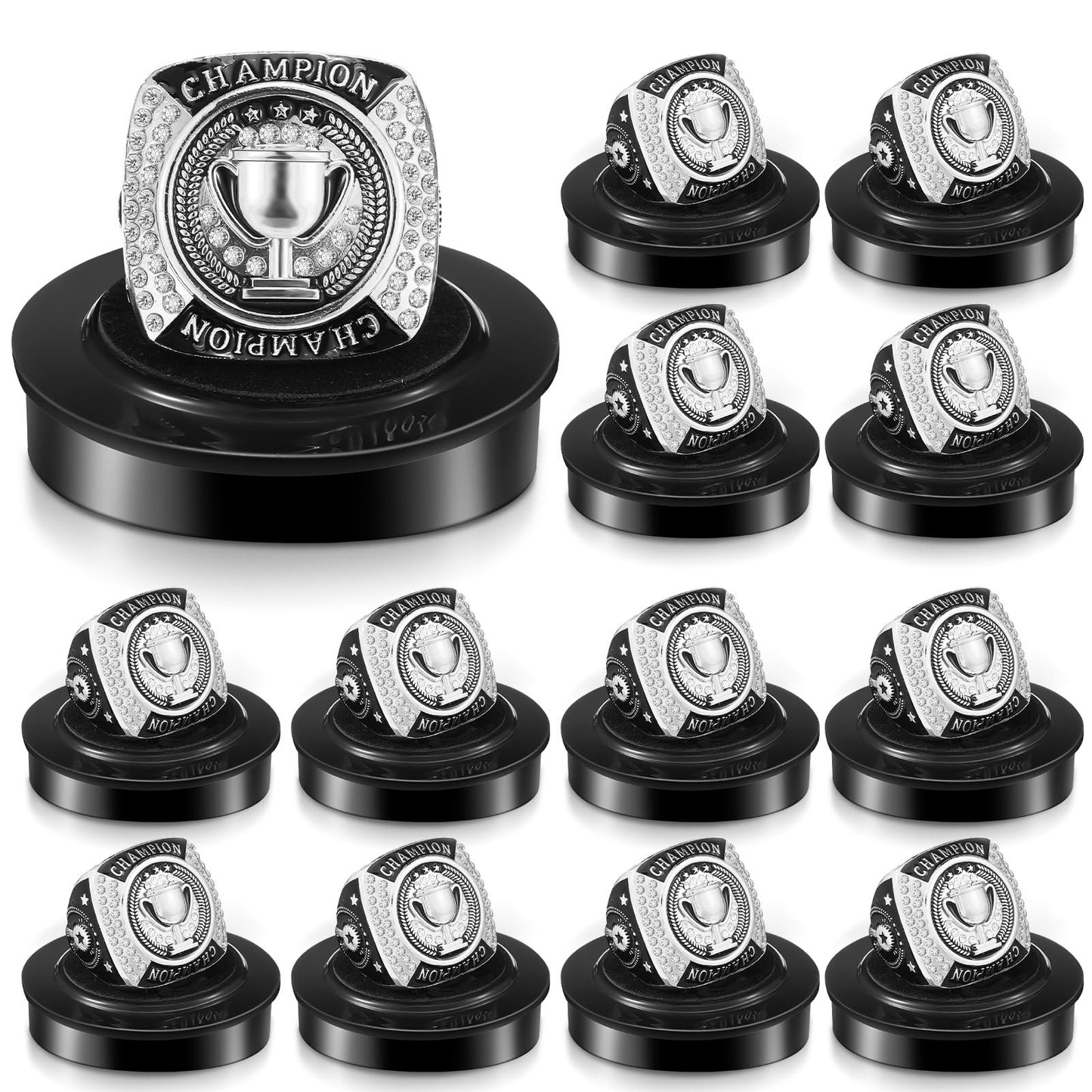 Landical 12 Packs Champion Trophy Rings Mvp Sport Award Gift with Neck Chain and Display Stand Box for Tournament or League Champion Winner(Silver)