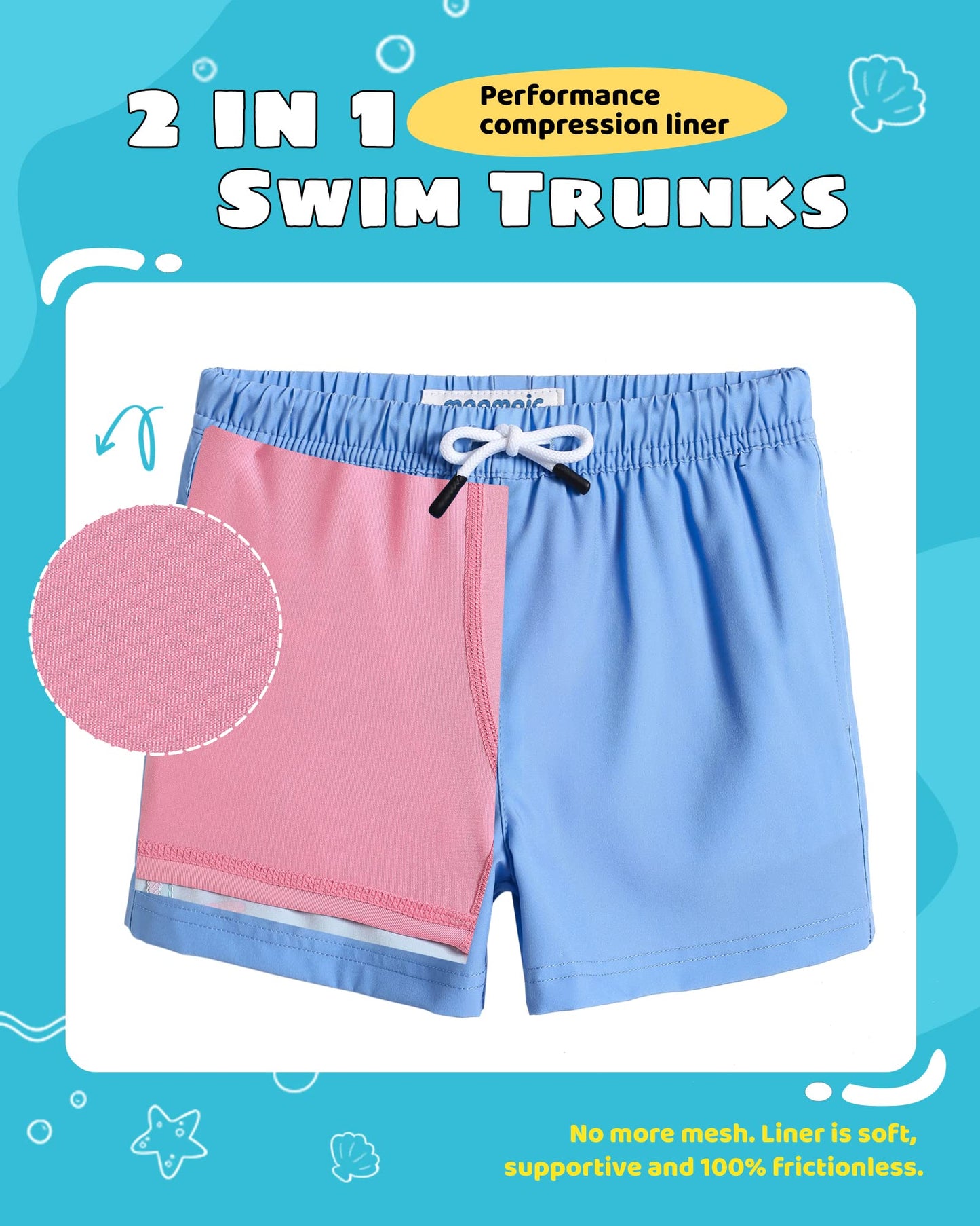 maamgic Boys Swim Trunks with Compression Liner Toddler Stretch Swim Shorts Quick Dry Swimming Trunks Boxer Brief 2 in 1 Beach Shorts Grey Blue Pink 14/16
