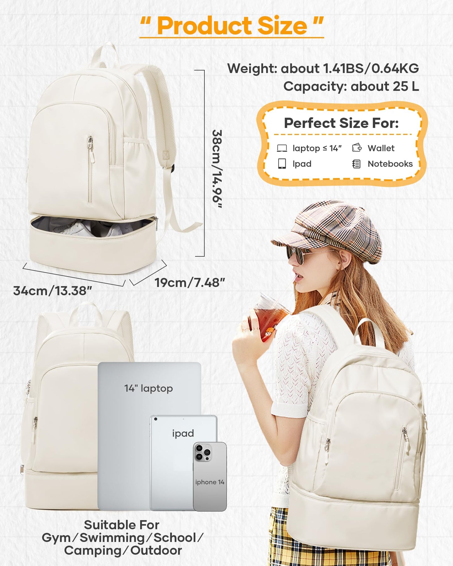 SEAFEW Small Gym Backpack for Women Men, Waterproof Gym Track Bag with Expandable Shoe Compartment, Lightweight Mini Casual Daypack Sports Back Pack for Travel Hiking Dance Yoga Fitness Track, White