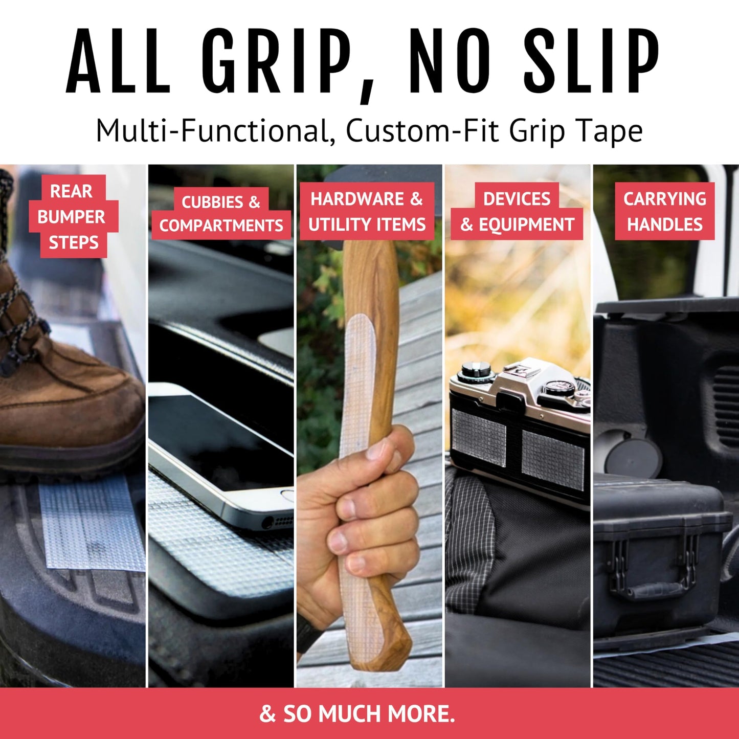 CATTONGUE GRIPS Non-Abrasive Grip Tape Roll - 1” Wide Heavy-Duty, Waterproof Anti-Slip Tape for Wrapping Tools, Grab Bars, Gym Equipment & More - Indoor & Outdoor Non-Skid Solution (Black, 10ft)