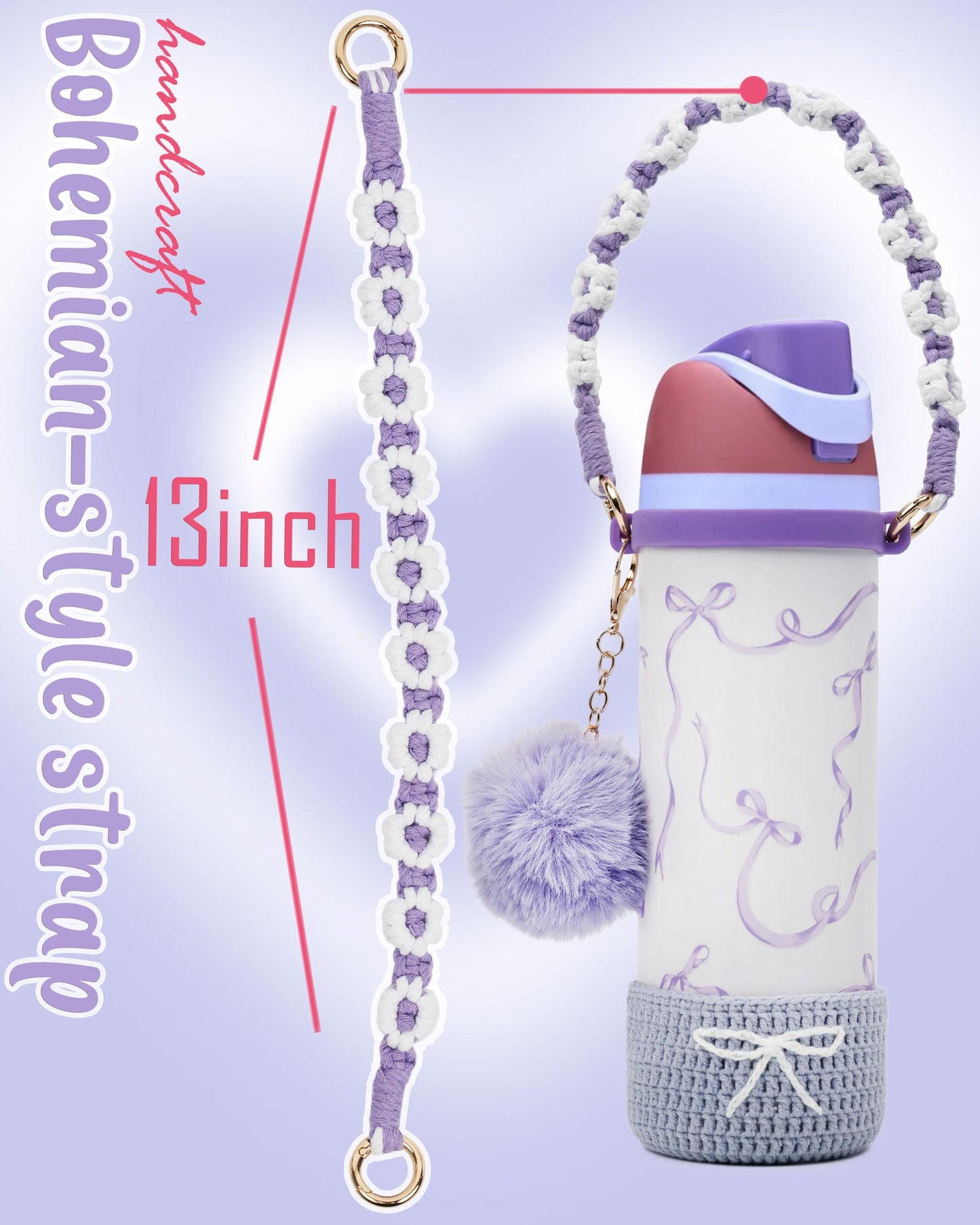 Kaitiaki Crochet Boot Set for Owala Water Bottle 24 oz - Anti-Slip Sleeve, Water Bottle Handle Strap & Crochet Handle, Fits Owala Tumbler, Perfect Owala Accessories (Purple, 24 oz)