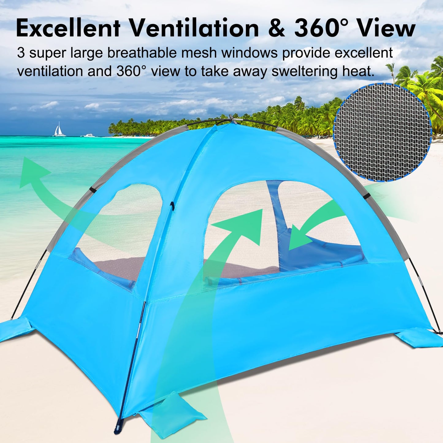 WhiteFang Beach Tent Anti-UV Portable Sun Shade Shelter for 4 Person, Extendable Floor with 3 Ventilating Mesh Windows Plus Carrying Bag, Stakes and Guy Lines (Blue)