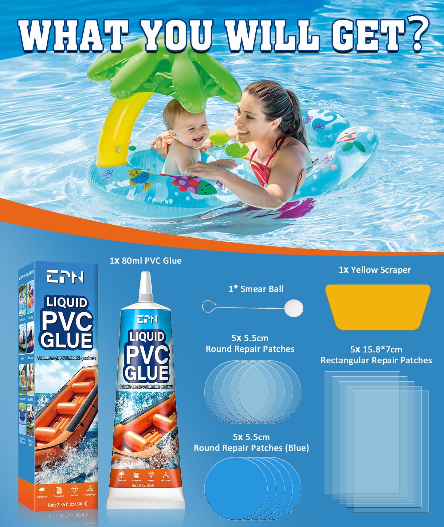 EPN Air Mattress Patch Kit, Waterproof Vinyl Pool Liner Repair Kit, 80 mL