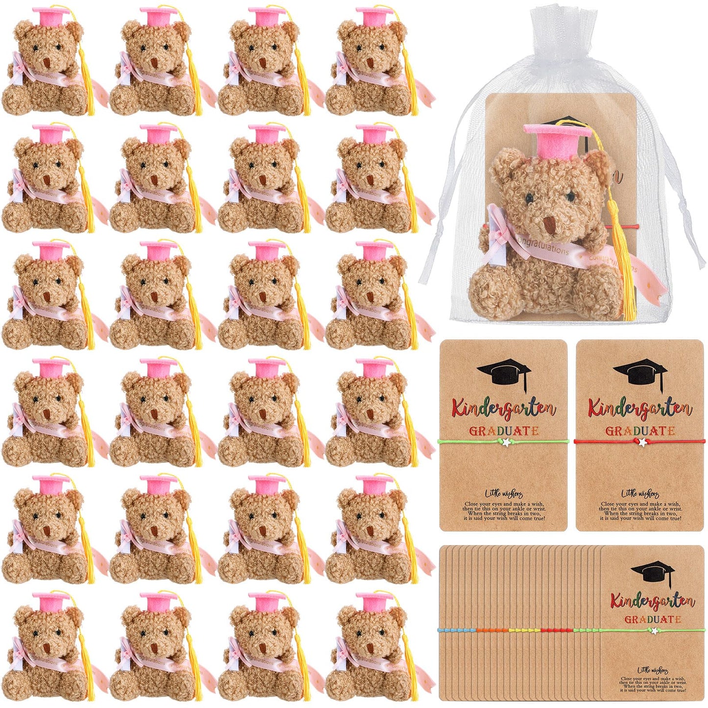 Motionchic 50 Pcs 2026 Kindergarten Graduation Bear Bulk Set with 25 Graduation Gift Mini Stuffed Bears 25 Wish Bracelet Organza Bag Card for Kid Child Kindergarten Class of 2026 Party Favors(Pink)