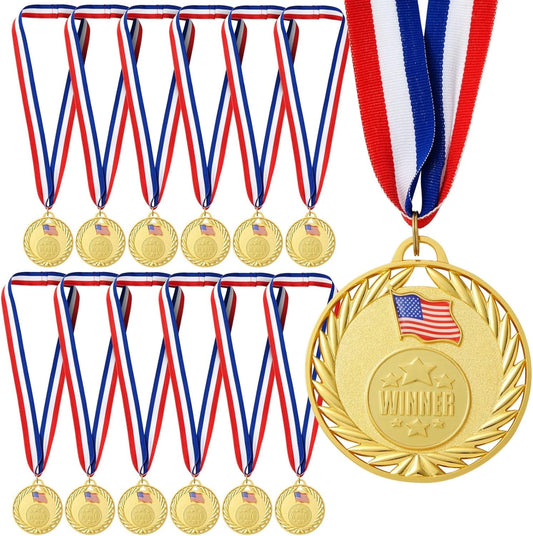 Juvale Medals for Awards - 12-Pack Gold 2.75-inch Medals with 15.5-inch Red/White/Blue Neck Straps - 1st Place Award & Participation Ribbons - Competition Ribbons for Kids