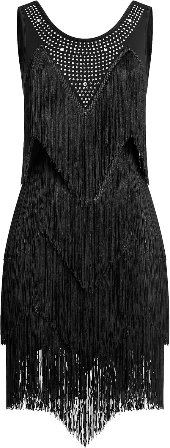 IWEMEK Rhinestones Layered Fringe Dress Ballroom Latin Dance Dress for Women Tiered Tassel Flapper Dresses Dancing Costume