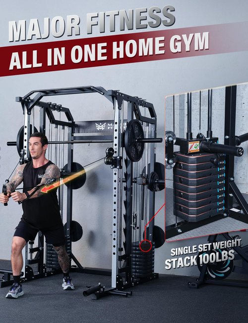 Major Fitness Drone2 Premium Training Smith Machines– All-in-One Home Gym Squat Rack with Aluminum Pulley Set , Weight Bar, Dual LAT Pull-Down Systems (SL D2AW ONLY)