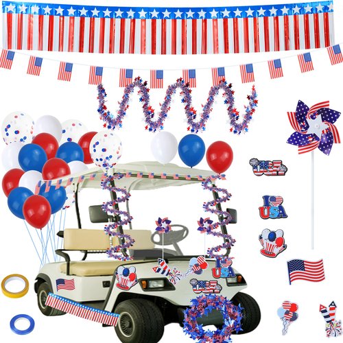 4th of July Golf Cart Decorations Patriotic Independence Day Decoration Kit Balloon Rain Silk Curtain Wreath Color Bar Magnet Flag Windmill Ribbon for Parade Party Yard Decorations