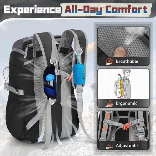 RAINSMORE Foldable Hiking Backpack for Women Men Packable Camping Backpack 40L Waterproof Hiking Daypack Bag Lightweight Collapsible Daypack for Travel Trekking Mountaineering Large Capacity Black