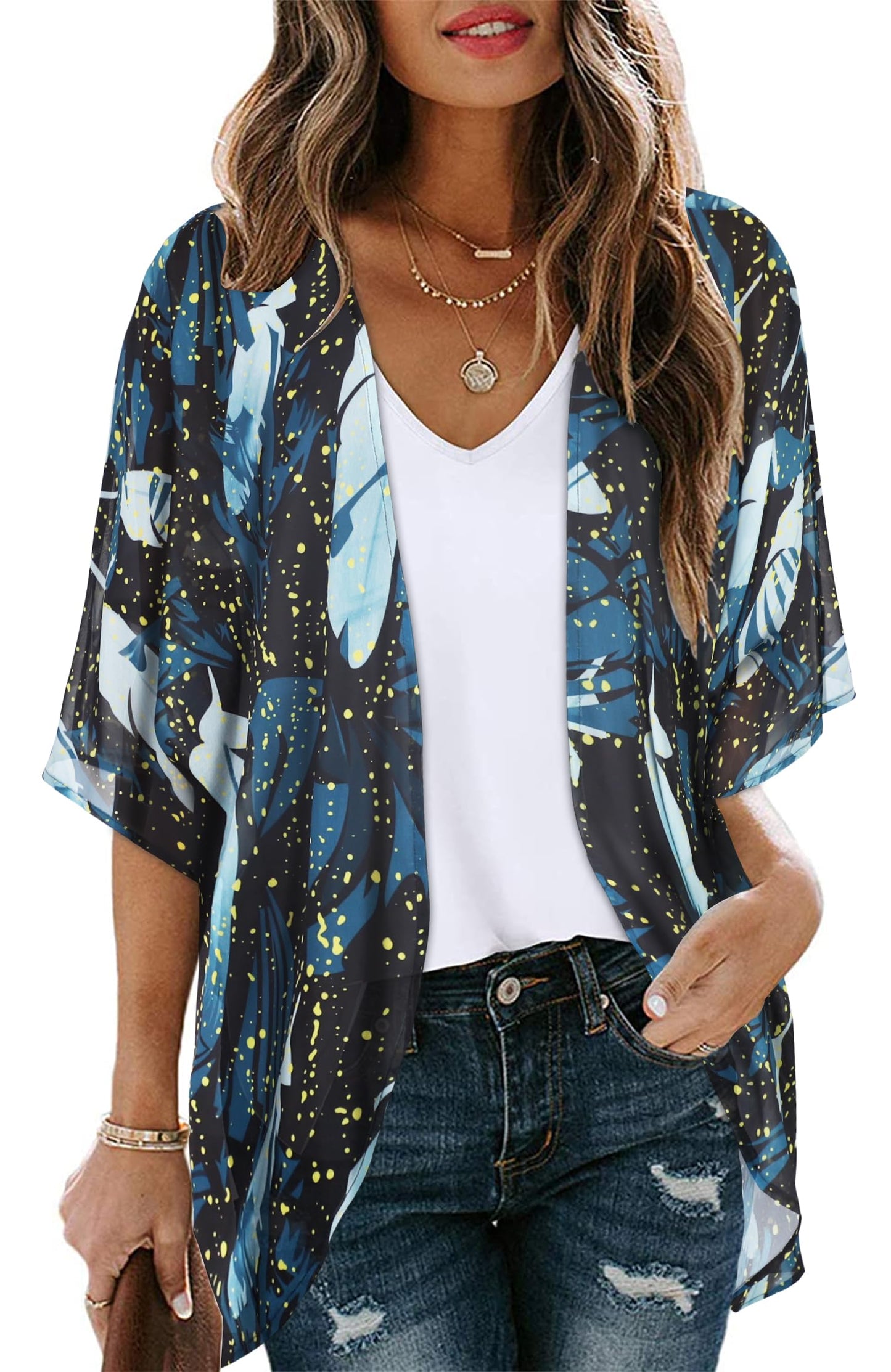 Womens Casual Coverup Summer Kimono Cardigan Hawaiian Shirts Loose Blouse Duster （Firefly Blue Print,2XL）