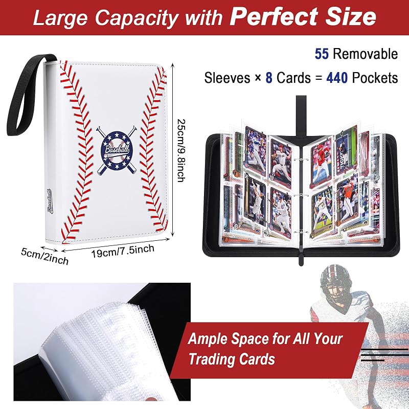 Baseball Card Binder 440 Pockets with Sleeves - 55 Pages, PU Leather, Zipper & 3-Ring Bind, Portable Card Album (Variation: 440 Pockets)