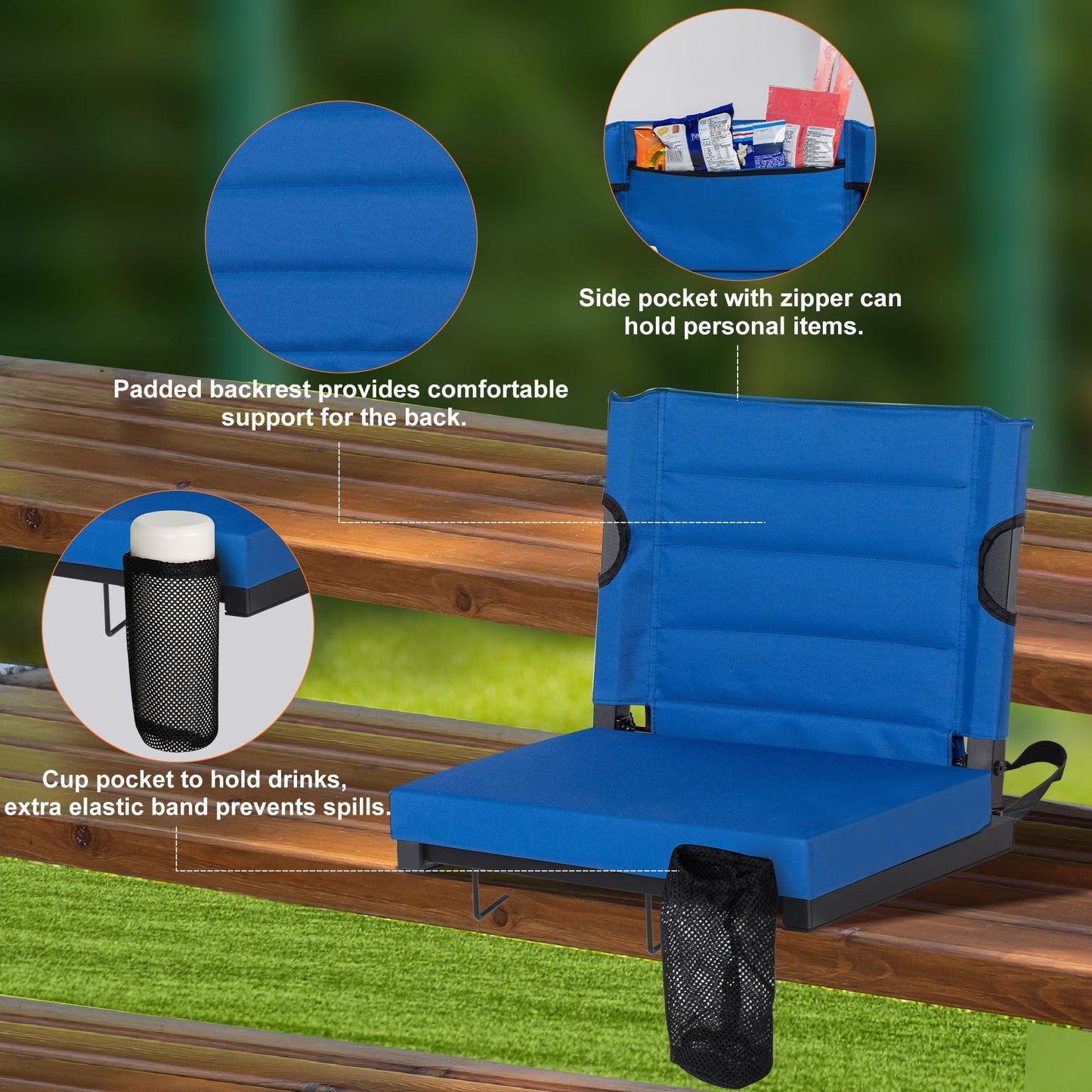 LOENIY 2 Pack Stadium Seats for Bleachers with Back Support, Bleacher Seats with Backs and Extra Thick Padded Cushion, Includes Shoulder Straps Carry Handle, and Cup Holder Side Pockets (Blue)