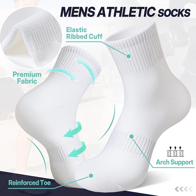 DoSmart Mens Ankle Athletic Socks - 6 Pairs White, Thin Cotton Running Quarter Socks