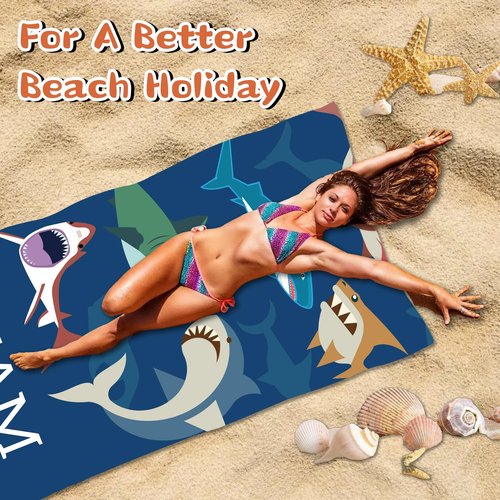 FPGIYXK Personalized Beach Towels Custom Monogrammed Beach Towels for Kids Adults with Names Absorbent Soft Sand Free Quick Dry Beach Vacation Essentials (Shark)