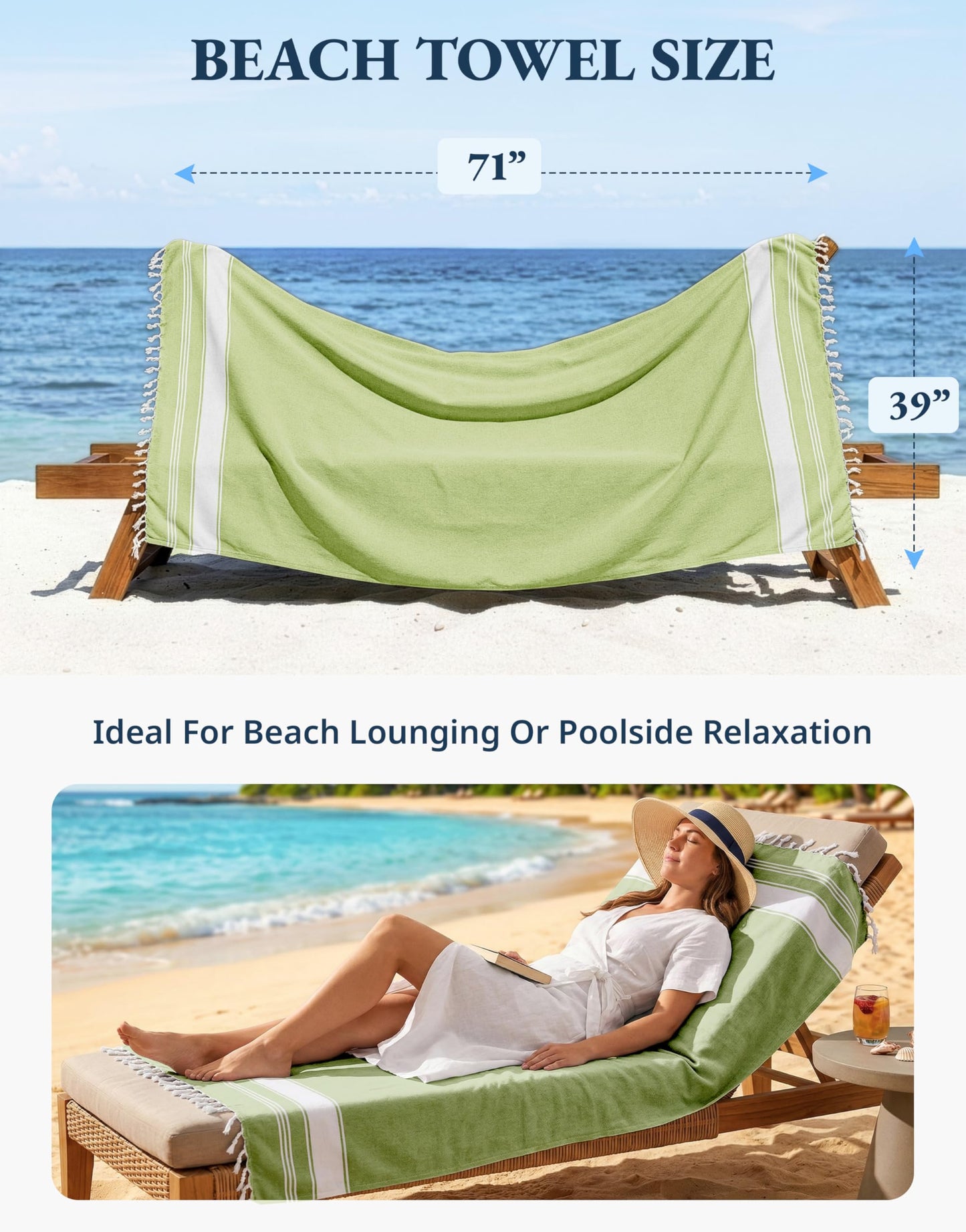 LANE LINEN Turkish Beach Towel 2 Pack, Oversized Beach Towel 39"x71", Lightweight Beach Essentials for Women, Large Pool Towel, Absorbent & Quick Dry, Sand Free Beach Towel - Jade Lime