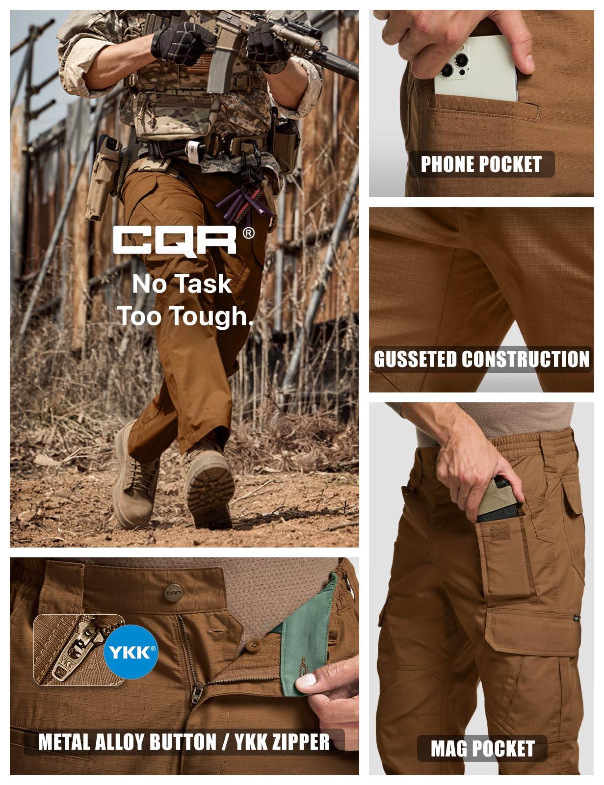 CQR Men's Tactical Pants, Water Resistant Ripstop Cargo Pants, Lightweight EDC Work Hiking Pants, Outdoor Apparel, Duratex Mag Pocket Copper Brown, 34W x 32L