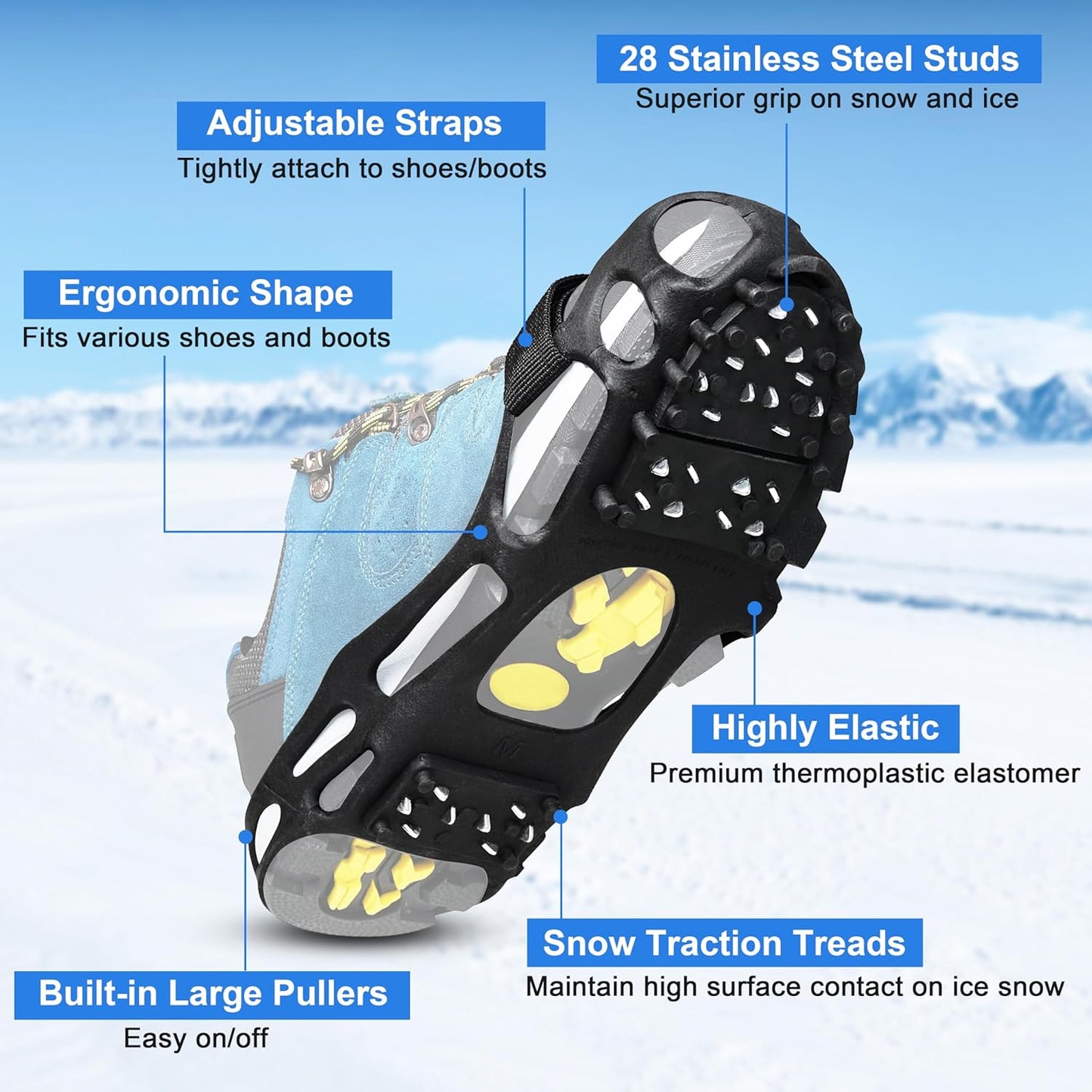 Ice Cleats for Shoes and Boots, Non Slip Ice Shoes Grippers 28 Studs Snow Cleats Crampons for Women Men Ice & Snow Cleats with Adjustable Straps for Winter Hiking Walking Ice Fishing