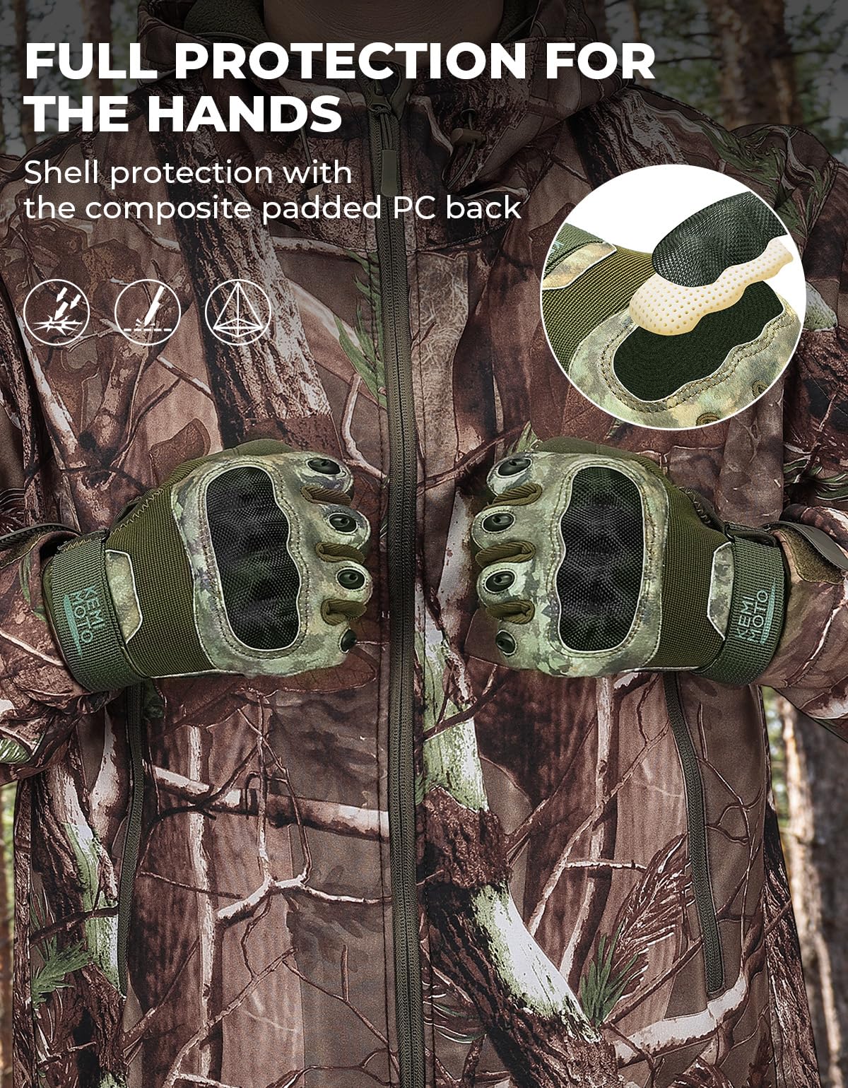 KEMIMOTO Camo Tactical Gloves for Men, Touchscreen Motorcycle Gloves with Hard Shell & Palm Padding for Sports Motorcycle Tactical Airsoft Paintball Hunting Hiking Camping Climbing (Camo,Medium)
