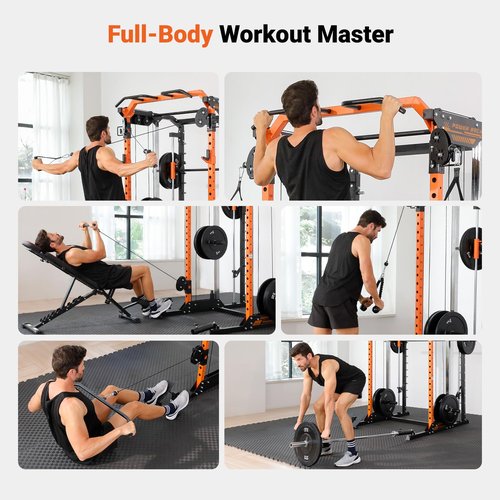 YOLEO Smith Machine with Independent Dual-Pulley System, 1700LBS Adjustable Cable Crossover Squat Rack, Multi-Functional Power Cage for Home Gym with More Workout Equipment LAT Pulldown Bar & Dip Bar
