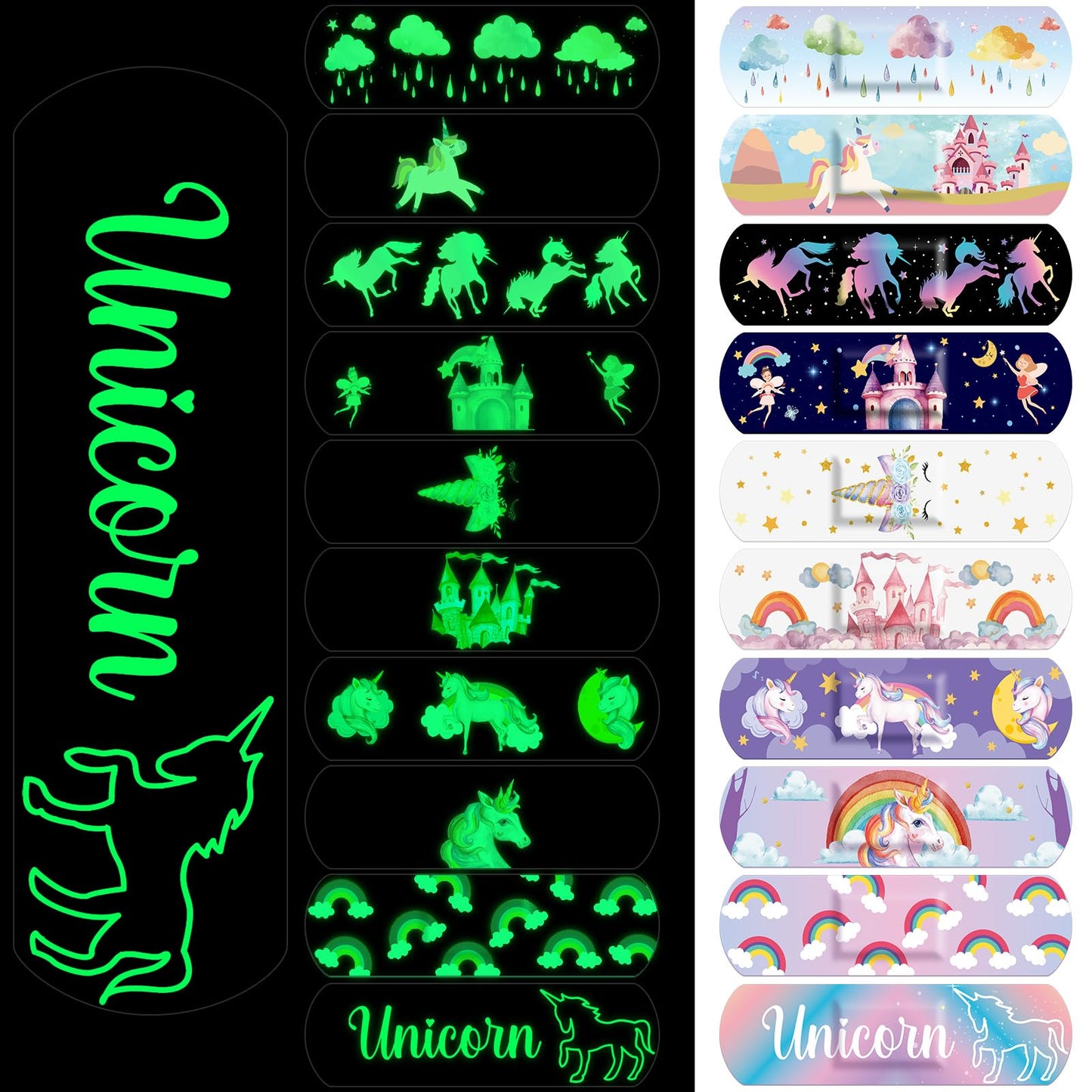 Threlaco 100 Pcs Glow in the Dark Bandage for Kids Cute Breathable Waterproof Neon Bandages for Girls Boys Children Toddlers Adhesive Flexible Wrap for Cuts, Scrapes, Wounds (Unicorn)