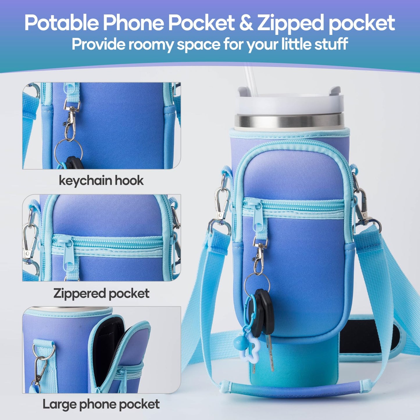 linmaya Water Bottle Carrier Bag for Stanley Cup 40/30oz with Phone Holder Pockets,Neoprene Water Bottle Cross-body Bag with Adjustable Shoulder & Hand Strap Stanley Cup Accessories