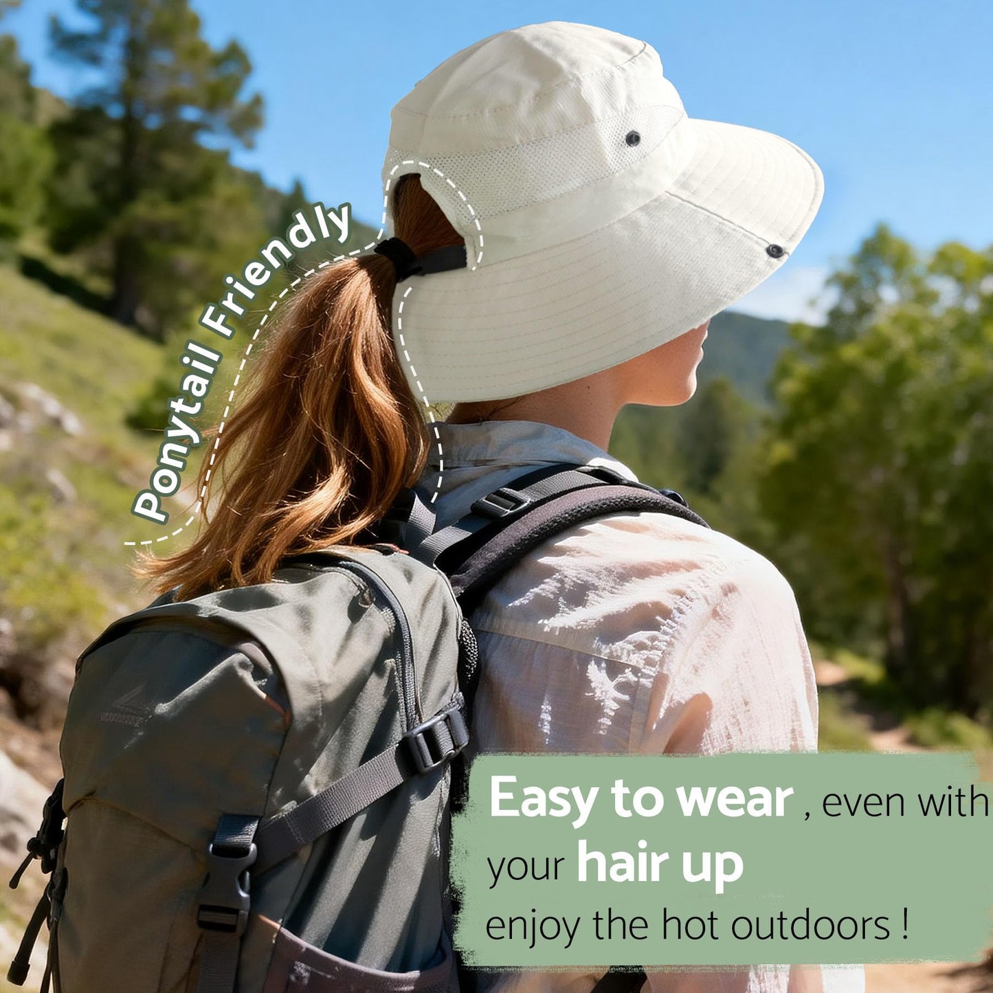 NPQQUAN Ponytail Sun Hats for Women UPF 50+ Wide Visor UV Protection Packable Hat for Beach Hiking Gardening Pink/Grey