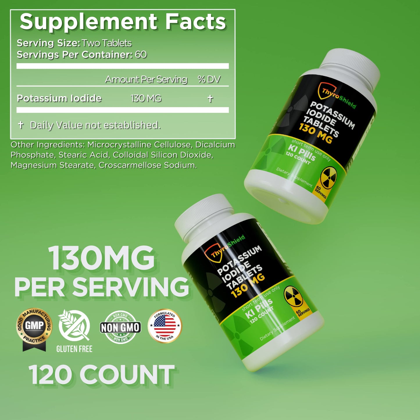 Potassium Iodide Tablets 130 mg | 120ct KI Tablets - Nuclear Radiation Protection - Potassium Iodine Pills - YODO Naciente - KI Pills - USA - ThyroShield
