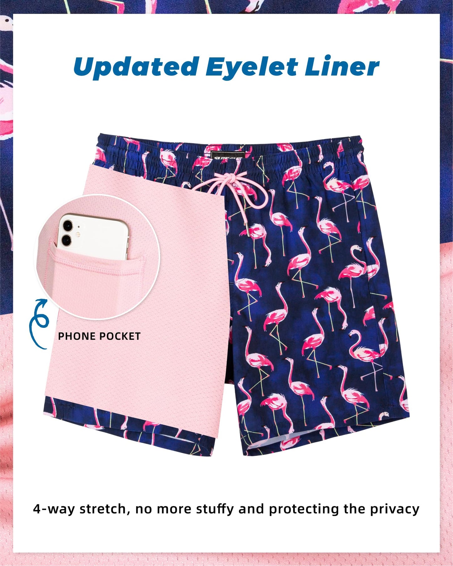 SURF CUZ Mens Swim Trunks with Compression Liner Quick Dry Swim Shorts 7" Swimming Trunks Stretch Bathing Suit 7 Inch,Flamingo Pink,S