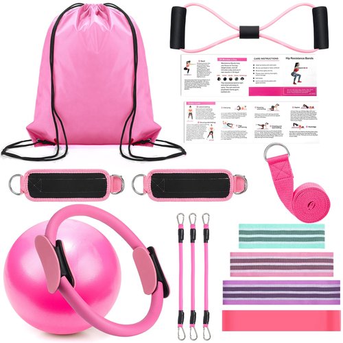 RoundFunny Pilates Ring Circle Set 15 Pcs Exercise Equipment Accessories for Women Workouts Pilates Ball Stretching Strap Gym Backpack Resistance Band Arm Stretcher for Training Body Shape