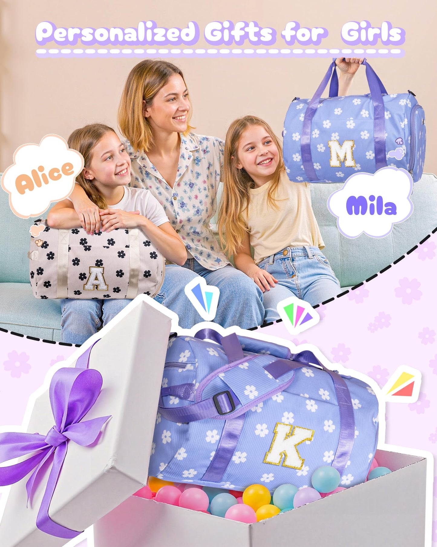 Vogewood Holiday Gift for Toddler, Girls Gym Bag, Kids Personalized Dance Bags with Shoe Compartment, Customized Travel Duffle with Toiletry Bag, Teen Girl Gifts Trendy Stuff (Letter I)
