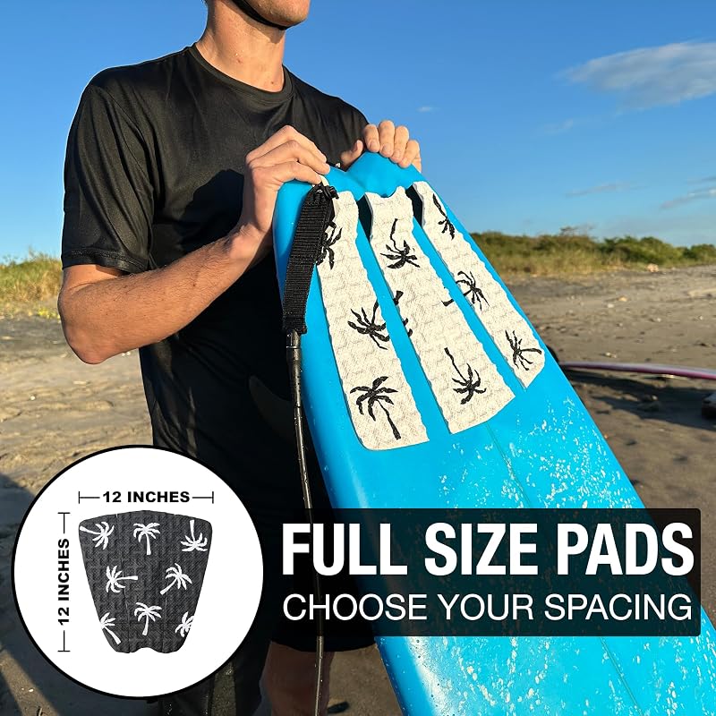 Ho Stevie! Surfboard Traction Pad 3-Piece Full Size 12"x12" Black with White Palm Trees