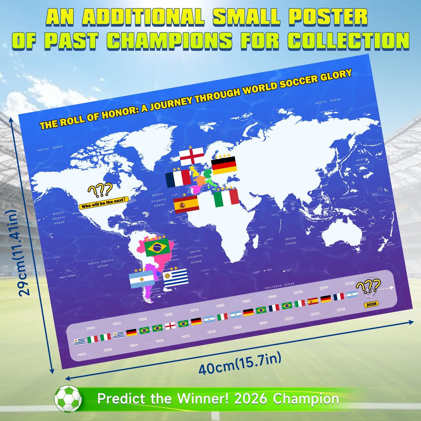 2026 World Soccer Tournament Extra Large Schedule Poster 43"x32", 2Pcs Gifts Set with 384 Stickers and Predict Champion Cup Winner, Tracker Bracket Wall Chart for Sports Fans Party Decorations