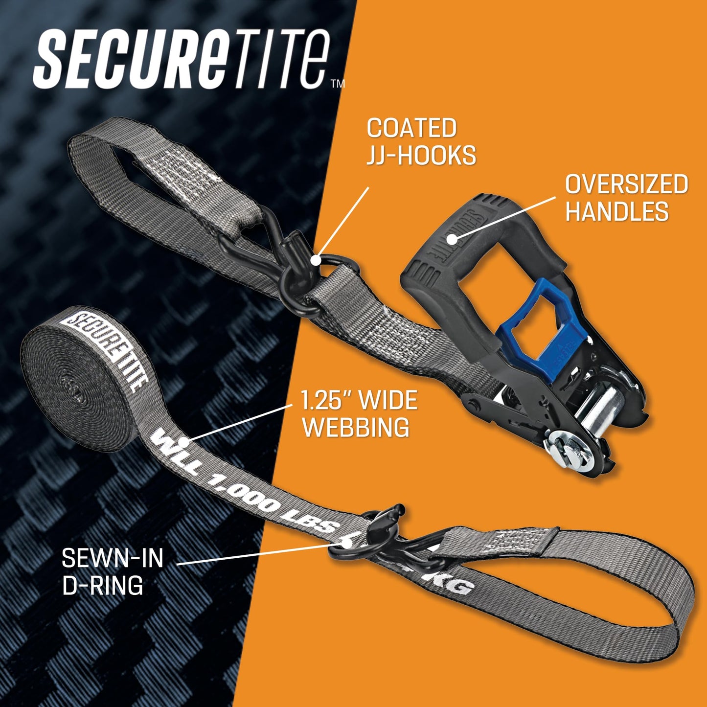 Secure Tite Ratchet Straps 4 Pack, Ratcheting Tie Down Straps with Hooks - 1-1/4” x 16’ Truck Tie Down Straps – Vinyl Double J-Hooks, 1000 lbs. Working Load Limit, 3000 lbs. Break Strength