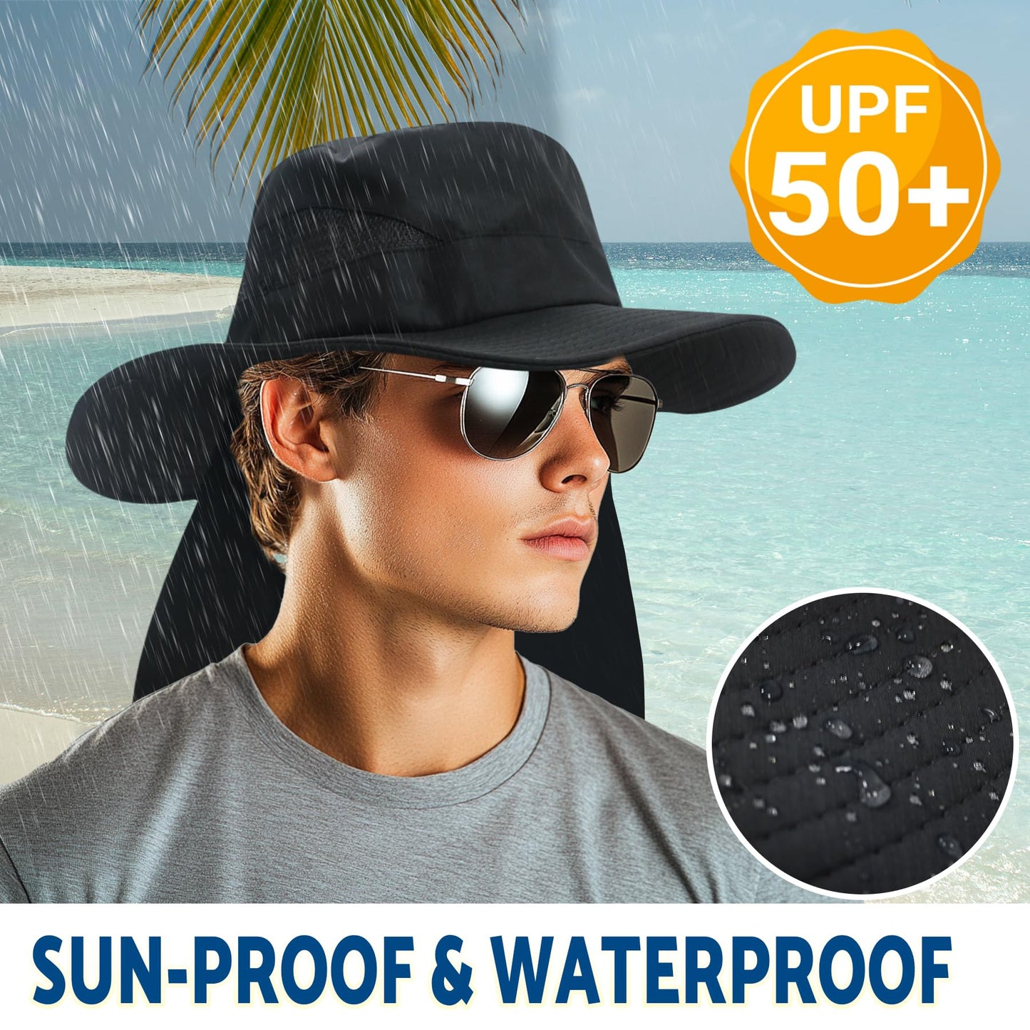 NPJY Sun Fishing Hats with Neck Flap for Men Women UV Sun Protection Safari Hat Wide Brim Bucket Hat Pure Grey