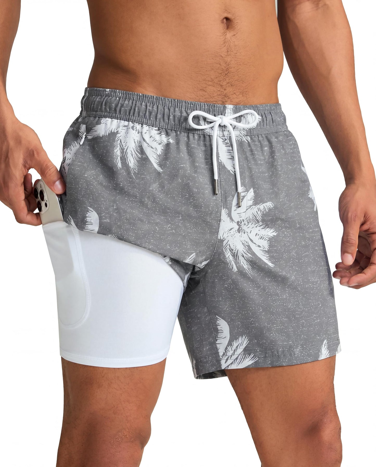maamgic Mens Swim Trunks with Compression Liner 5 Inch, Quick Dry Bathing Suit with Zipper Pockets, Stretch No-Chafing Swim Shorts, Gray-Palm Tree XX-Large
