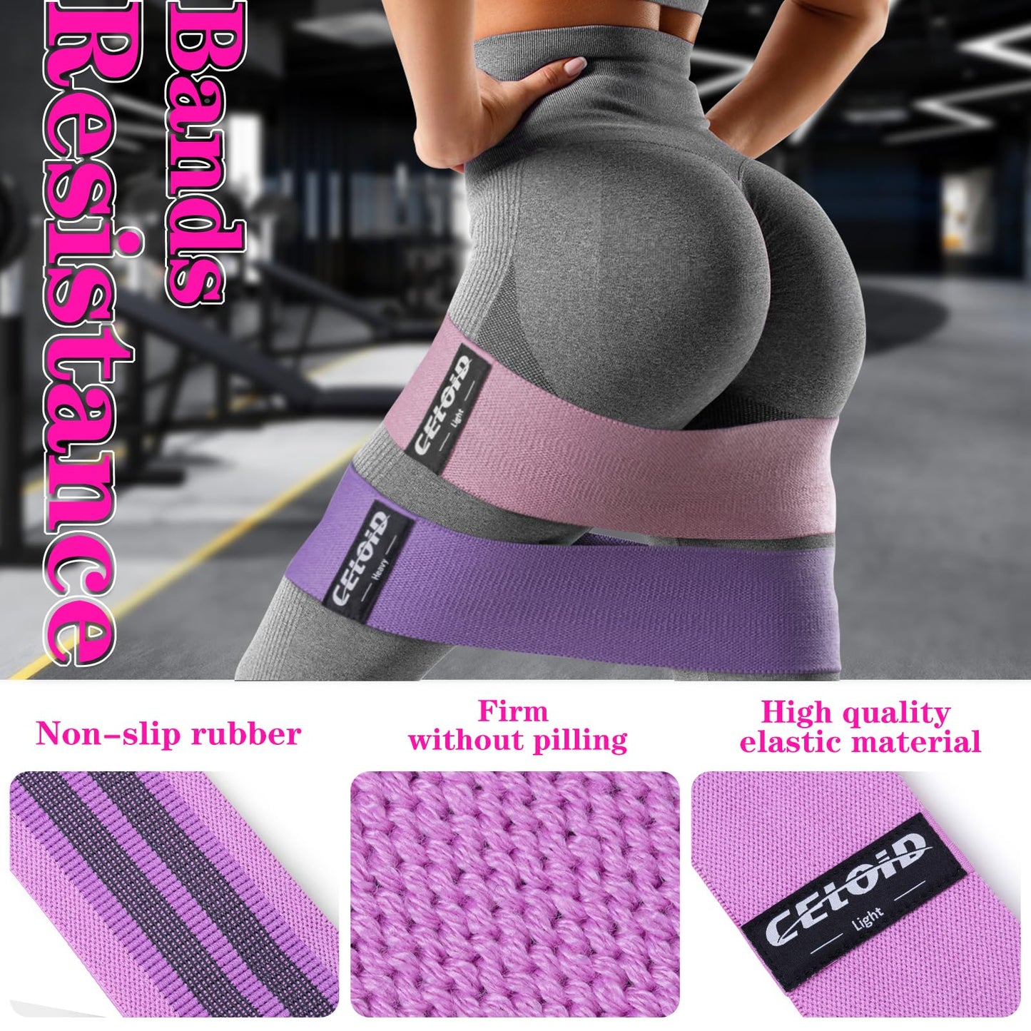 CELOID Resistance Bands Set,Exercise Bands with Non-Slip Design for Hips & Glutes,3 Levels Workout Bands for Women and Men,Booty Bands for Home Fitness,Yoga,Pilates,Purple Set
