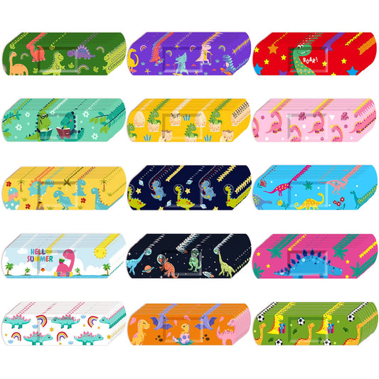 Estune 150 Pcs Kids Bandages Bulk Dinosaur 15 Styles Fun Back to School Gifts for Children Adhesive Colorful Flexible Cartoon Dinosaur Bandages Variety Pack for Kids Boys Girls Students School