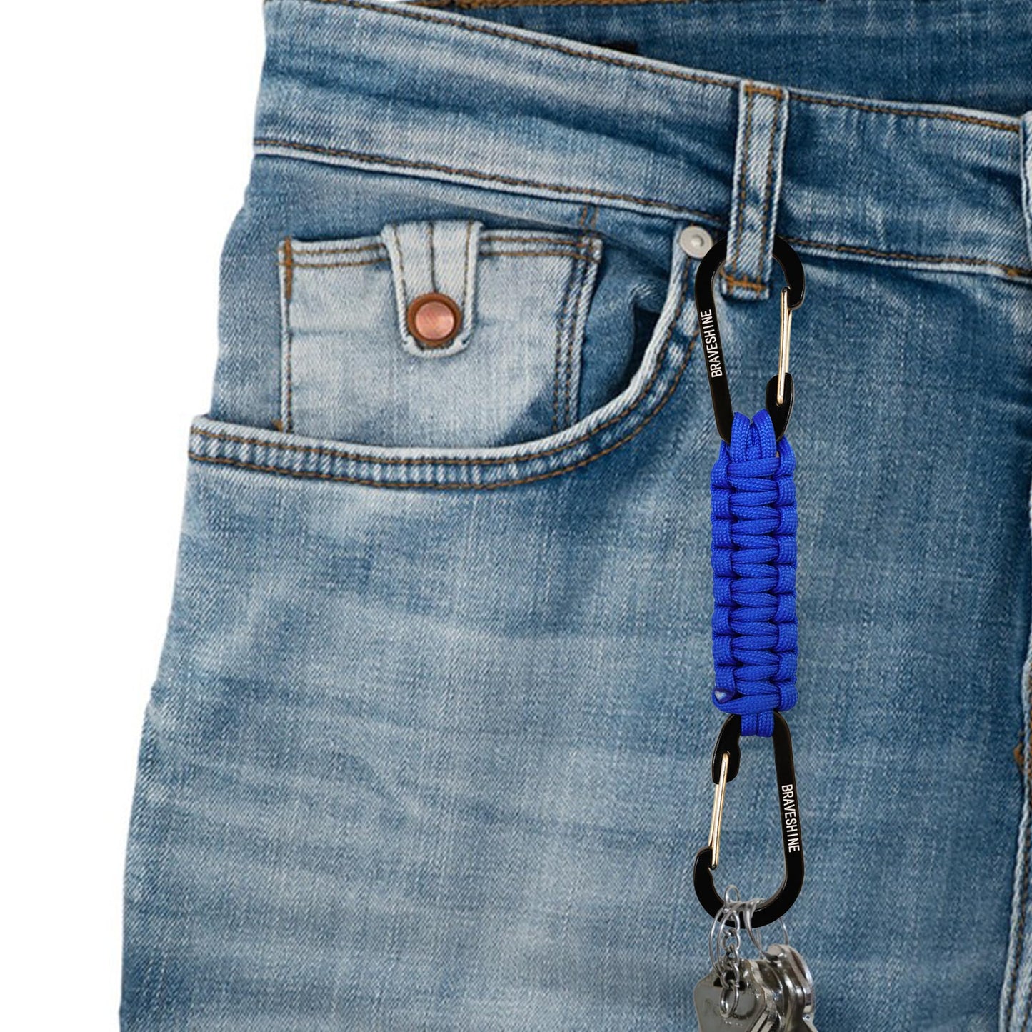 BRAVESHINE Carabiner Keychain Hook with Paracord Strap - 2 Pack Blue D Ring Key Clips Para Cord Lanyard Hanger Stroller Hooks Holder for Water Bottle, Belt Loop Keys, Backpack, Boys, Girls, Men, Women