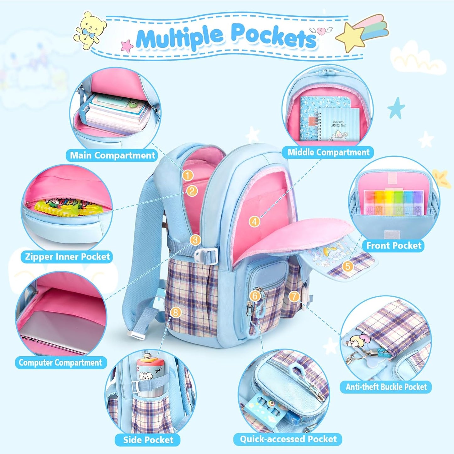 16.5/19IN School Backpack for Girls with 24Pcs Accessories, Anti-Theft Kids Backpack for Students Aged Between 4-8 Years Old/9 Years Old and Above, New Semester Presents with Pins and Card Holder