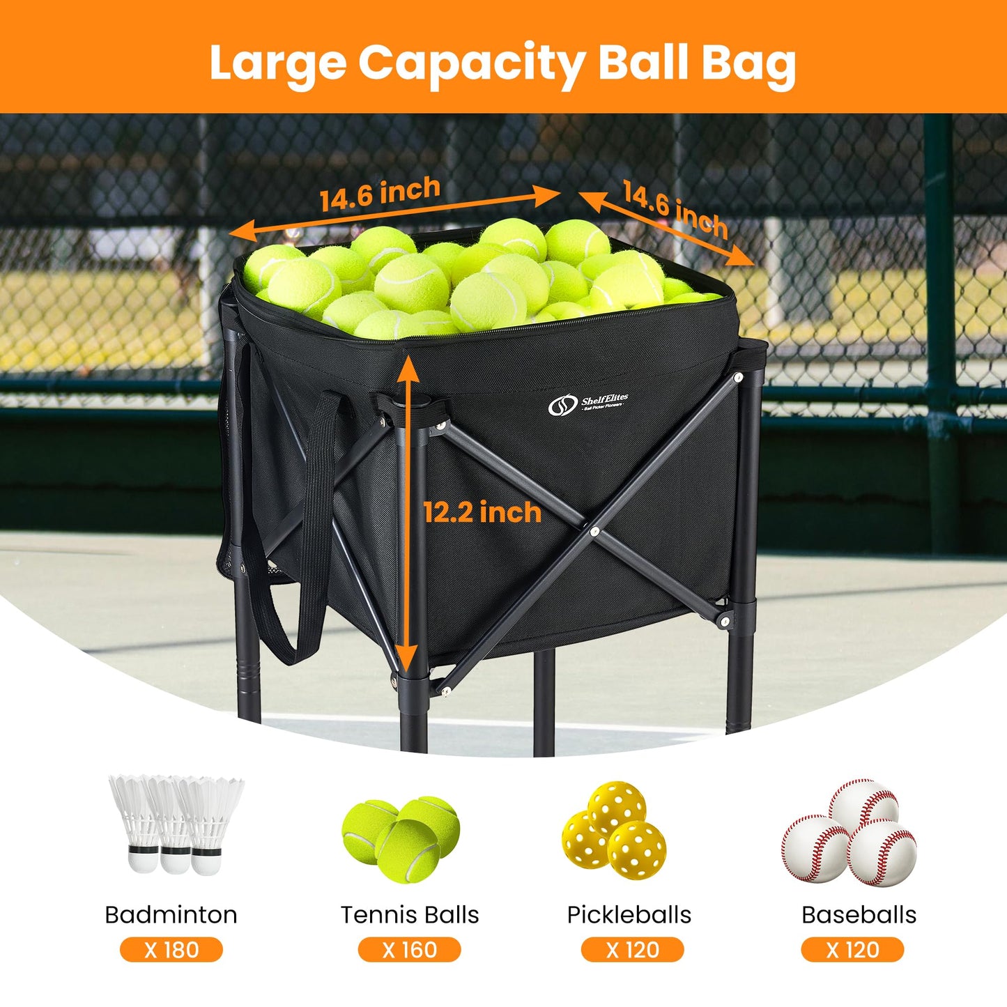 ShelfElites Portable Tennis Ball Hopper & Pickleball Basket, Foldable Tennis Ball Cart with Storage Bag, Multi-Sport Ball Collector for Training & Practice (Big)