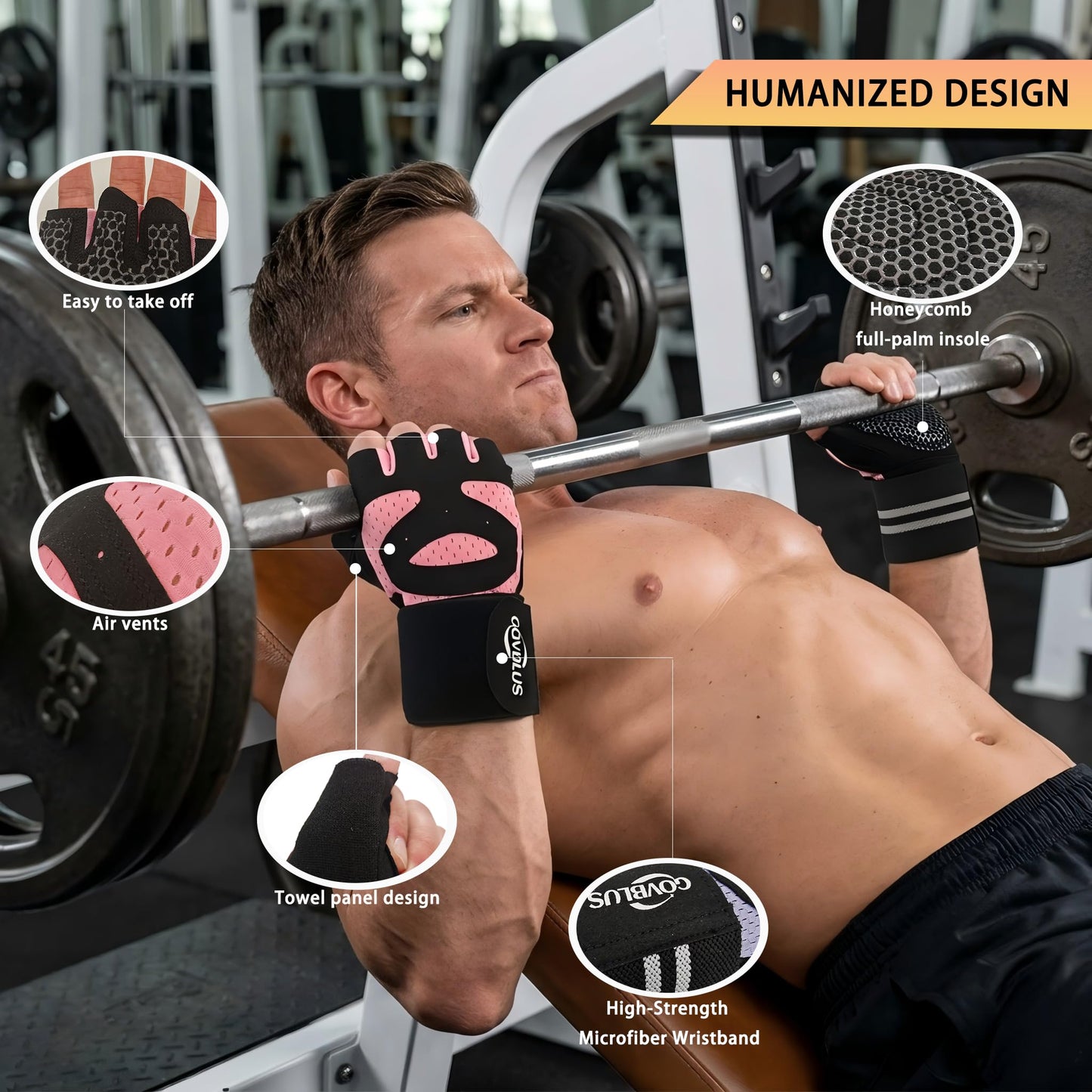 Govblus Workout Gloves for Men and Women with Wist Support, Exercise Gloves for Weight Lifting, Cycling, Gym Gear, Training, Fingerless, Breathable and Snug fit(Pink, Medium)