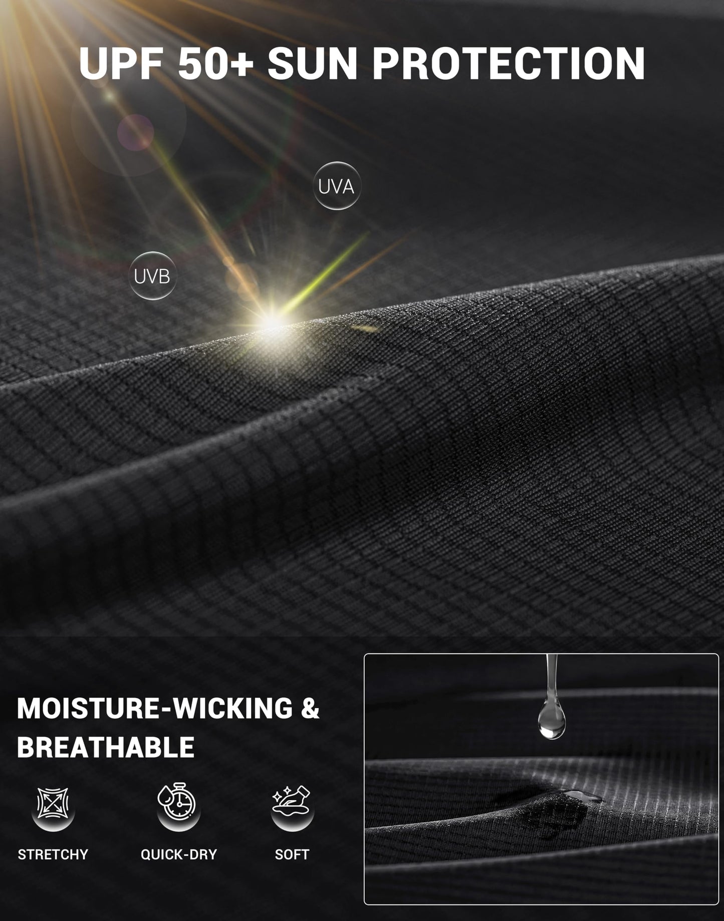 Men's Sun Protection Long Sleeve Shirts UPF 50+ Rash Guard Swim Lightweight Cooling UV SPF Shirt Fishing Workout Quick Dry Black