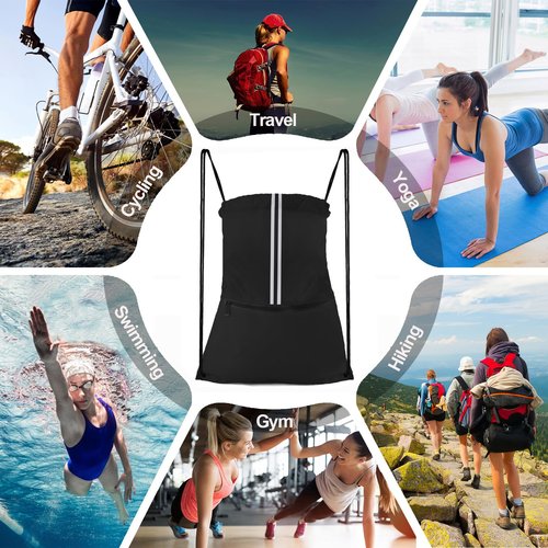 JOYNYON Drawstring Backpack Sports Gym Bag Draw String Back Bag for Men Women - Lightweight Waterproof Durable Sackpack with Zipper Pocket (Black)