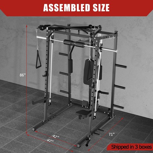 Smith Machine Home Gym, 2000 Lbs Multi-Function Power Cage Squat Rack with Smith Bar, Cable Machine, 2 LAT Pull-Down Systems, All in One Home Gym System with 8 Weight Storage Pins and More