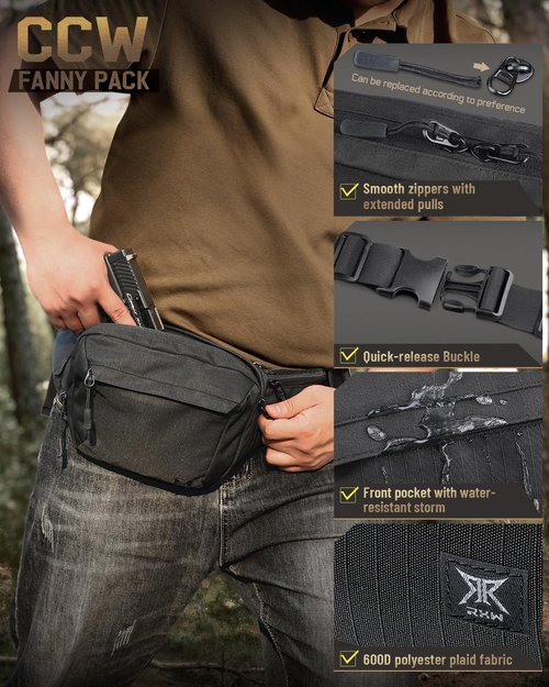 RXW Tactical Concealed Carry Fanny Pack, CCW Fanny Pack, Waist Bag for Men, Hip Bag Compact Belt Bag for Hiking, EDC Waist Pack(Adjustable Up to 60" Waist)